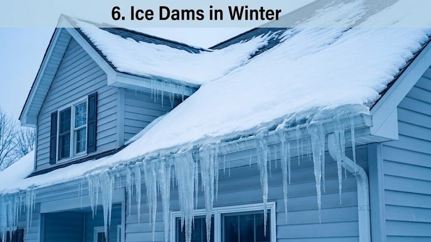 ice dams on gutter during winter