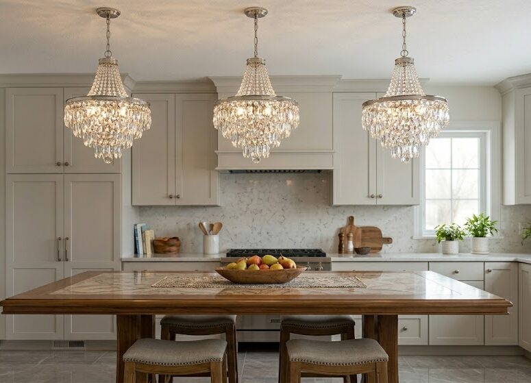 chandeliers above a dining table