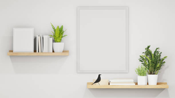 3d rendering of white home interior with wooden shelves on wall.