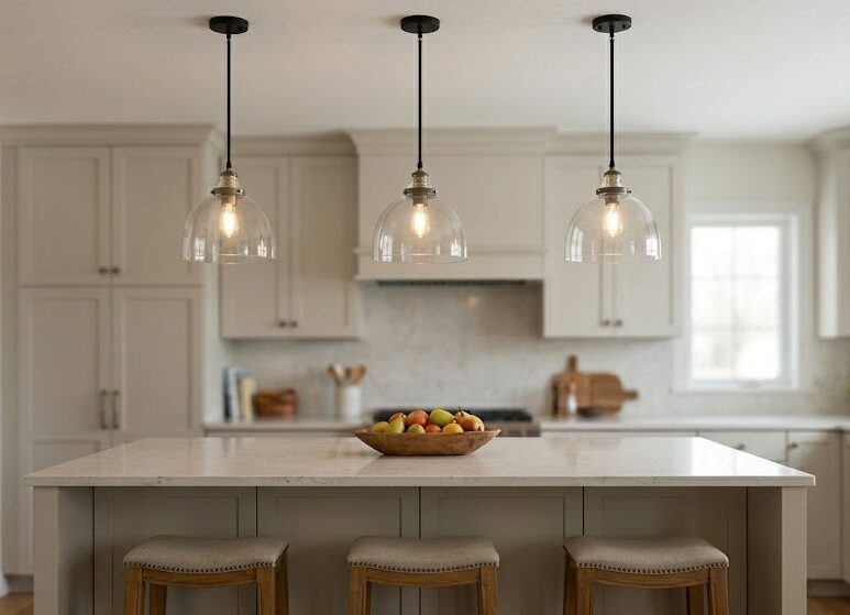 pendant lights above a dining table