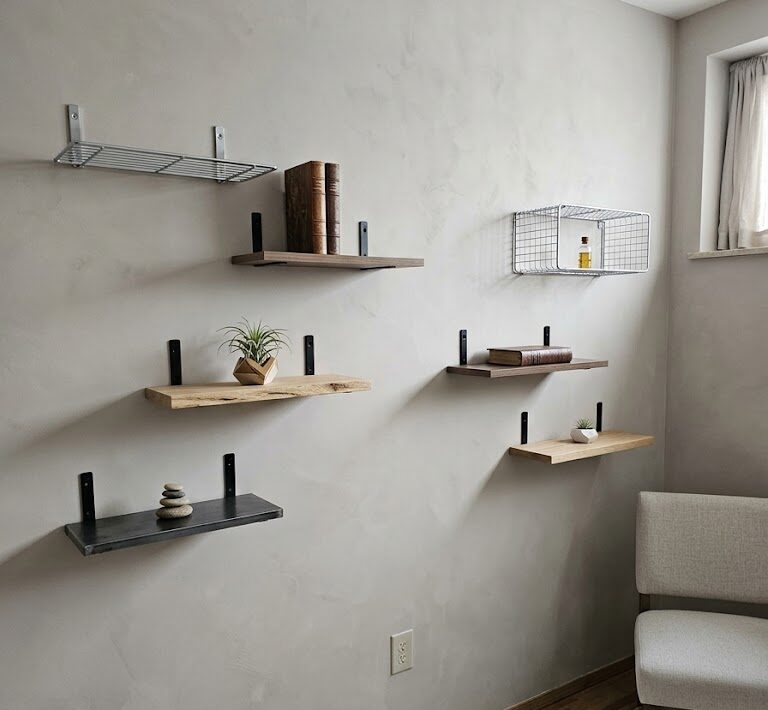 items on top of wood shelves